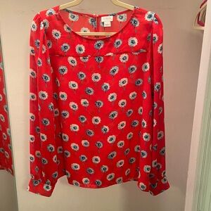 J. Crew Bright Red Floral Long-Sleeve Blouse